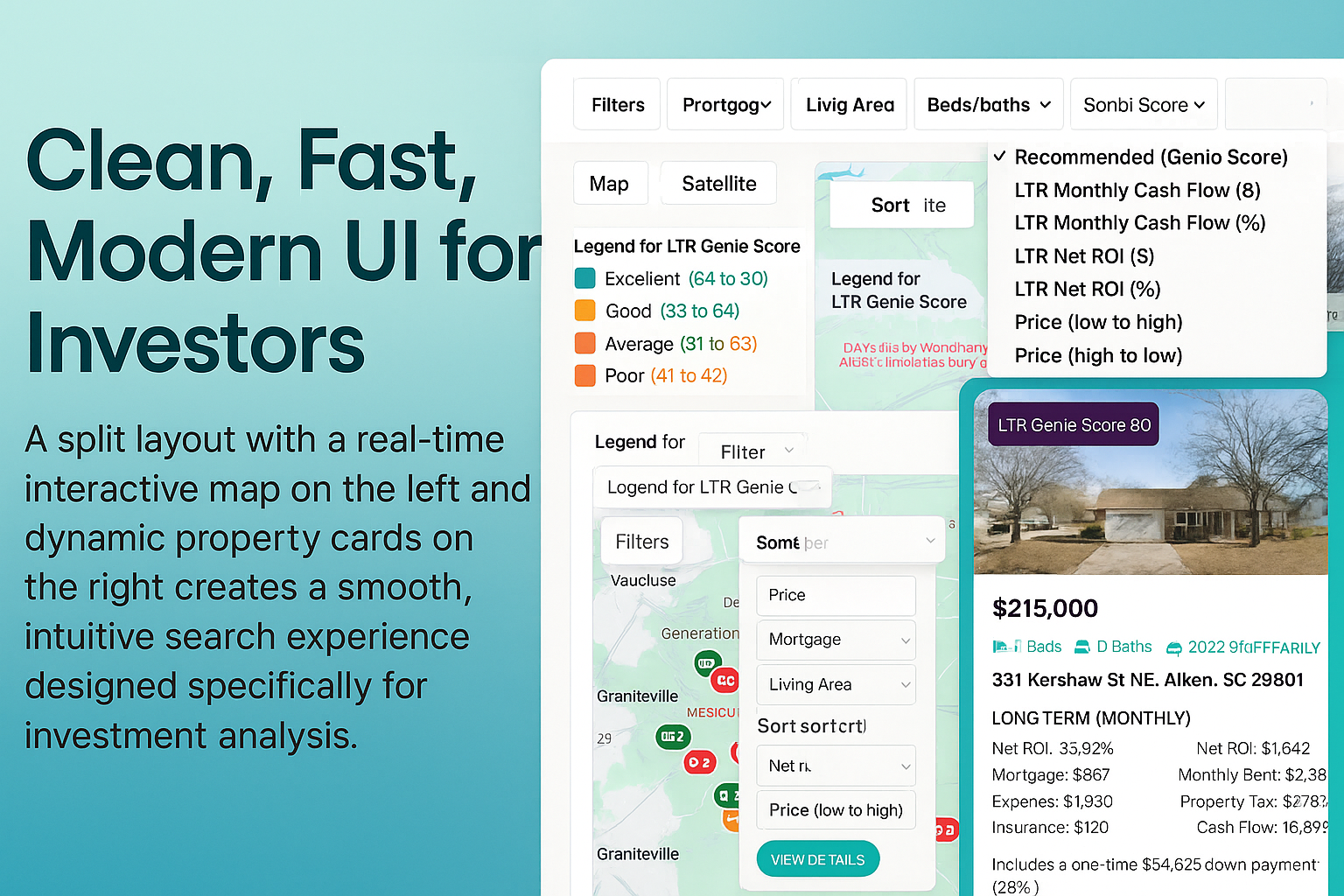 Overall application layout with map and property cards side by side.