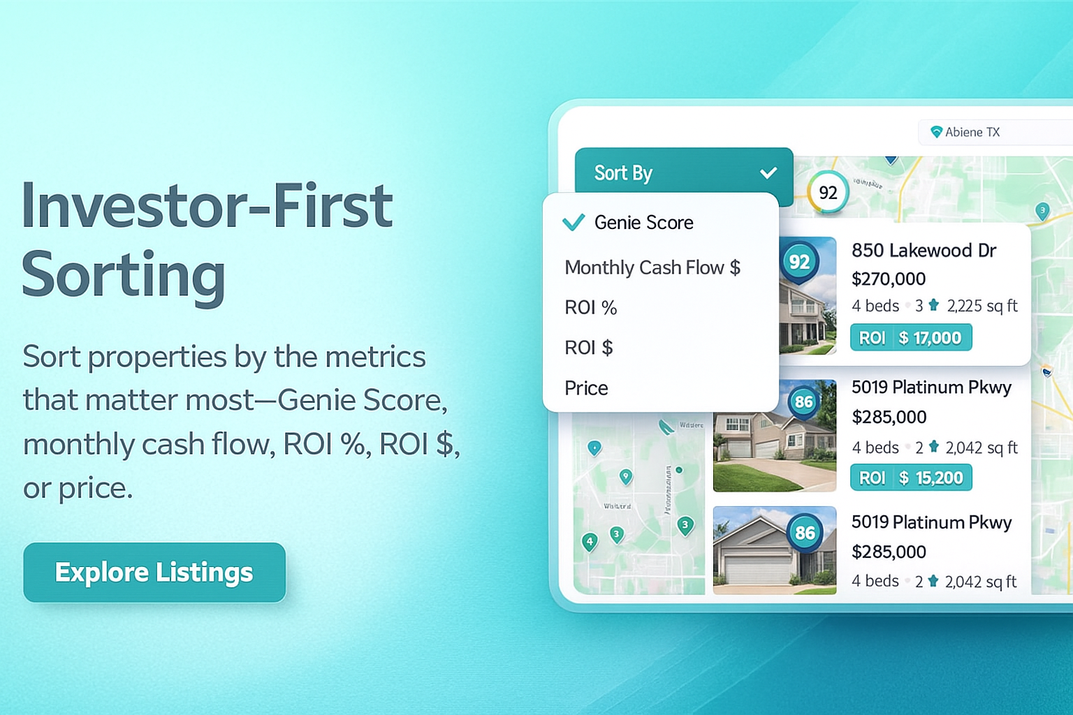 Property list sorted by Genie Score and ROI metrics.